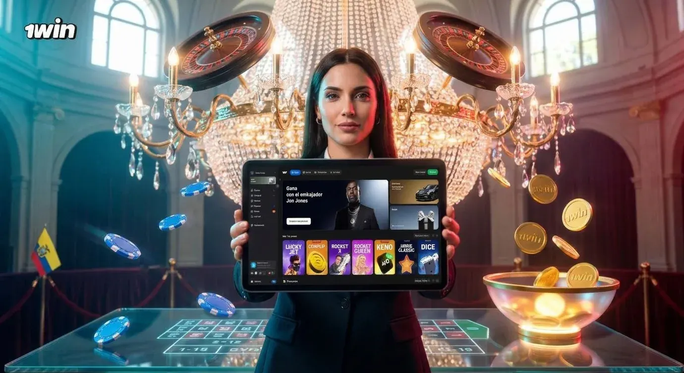 Mujer en un salón con candelabros sostiene una tablet con el lobby de juegos de 1win, junto a ruletas, fichas, monedas doradas y la bandera de Ecuador